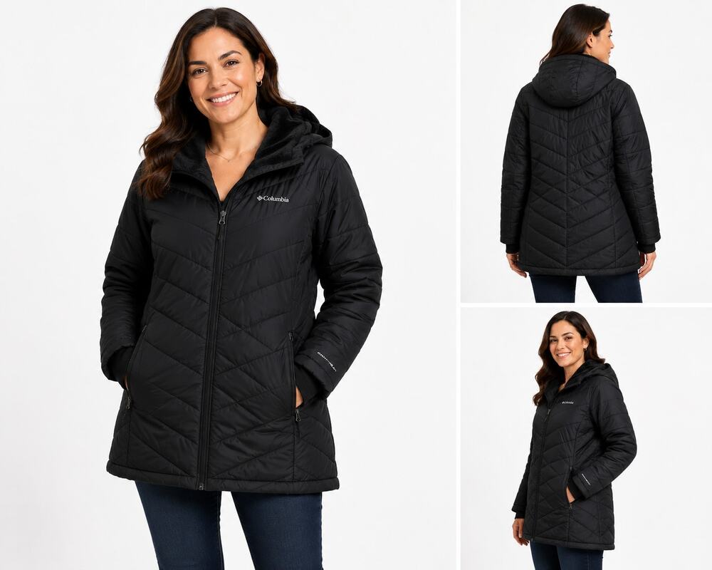 Columbia Womens Heavenly Long Hooded Jacket Size 2X Black Omni Heat